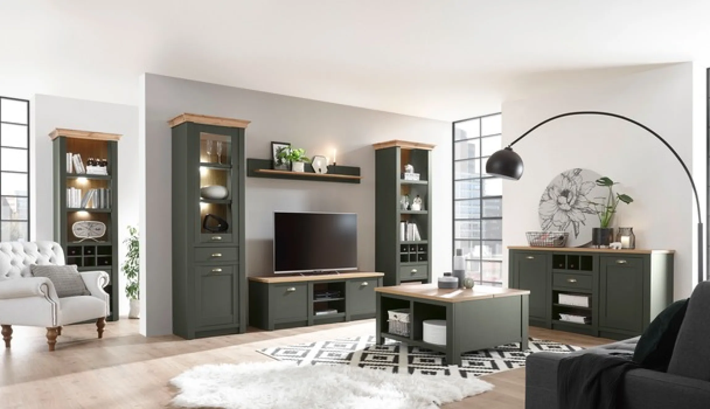 Home affaire Sideboard »Cambridge, moderner Schrank, Kommode im Landhausstil« ausreichend Stauraum, messingfarbene Metallgriffe, 145 cm breit