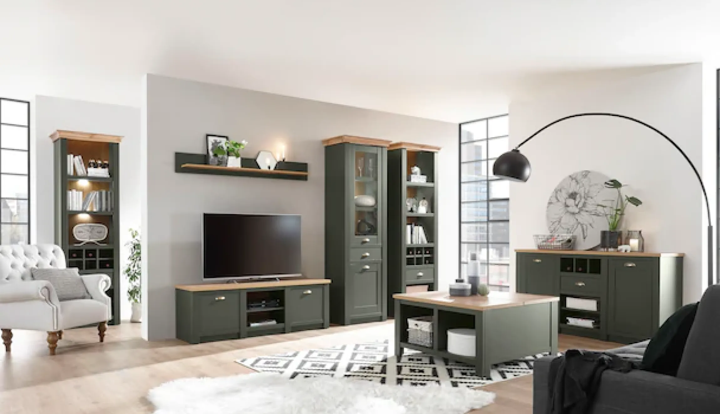 Home affaire Sideboard »Cambridge, moderner Schrank, Kommode im Landhausstil« ausreichend Stauraum, messingfarbene Metallgriffe, 145 cm breit