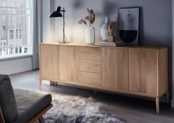 Home affaire Sideboard »Koda, Anrichte mit 2 Schränken & 3 Schubladen, Push-to-Open-Funktion« Massives Eichenholz, verstellbare Einlegeböden, Minimalistischer Stil