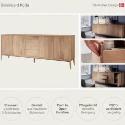 Home affaire Sideboard »Koda, Anrichte mit 2 Schränken & 3 Schubladen, Push-to-Open-Funktion« Massives Eichenholz, verstellbare Einlegeböden, Minimalistischer Stil