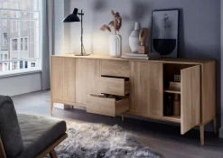 Home affaire Sideboard »Koda, Anrichte mit 2 Schränken & 3 Schubladen, Push-to-Open-Funktion« Massives Eichenholz, verstellbare Einlegeböden, Minimalistischer Stil