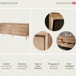 Home affaire Sideboard »Koda Kommode, 6 geräumige Schubladen mit Push-To-Open-Funktion, Scandi« Aus massivem Eichenholz, Minimalistischer Stil, B: 177,7 x H: 81,8 cm