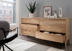Home affaire Sideboard »Koda Kommode, 6 geräumige Schubladen mit Push-To-Open-Funktion, Scandi« Aus massivem Eichenholz, Minimalistischer Stil, B: 177,7 x H: 81,8 cm