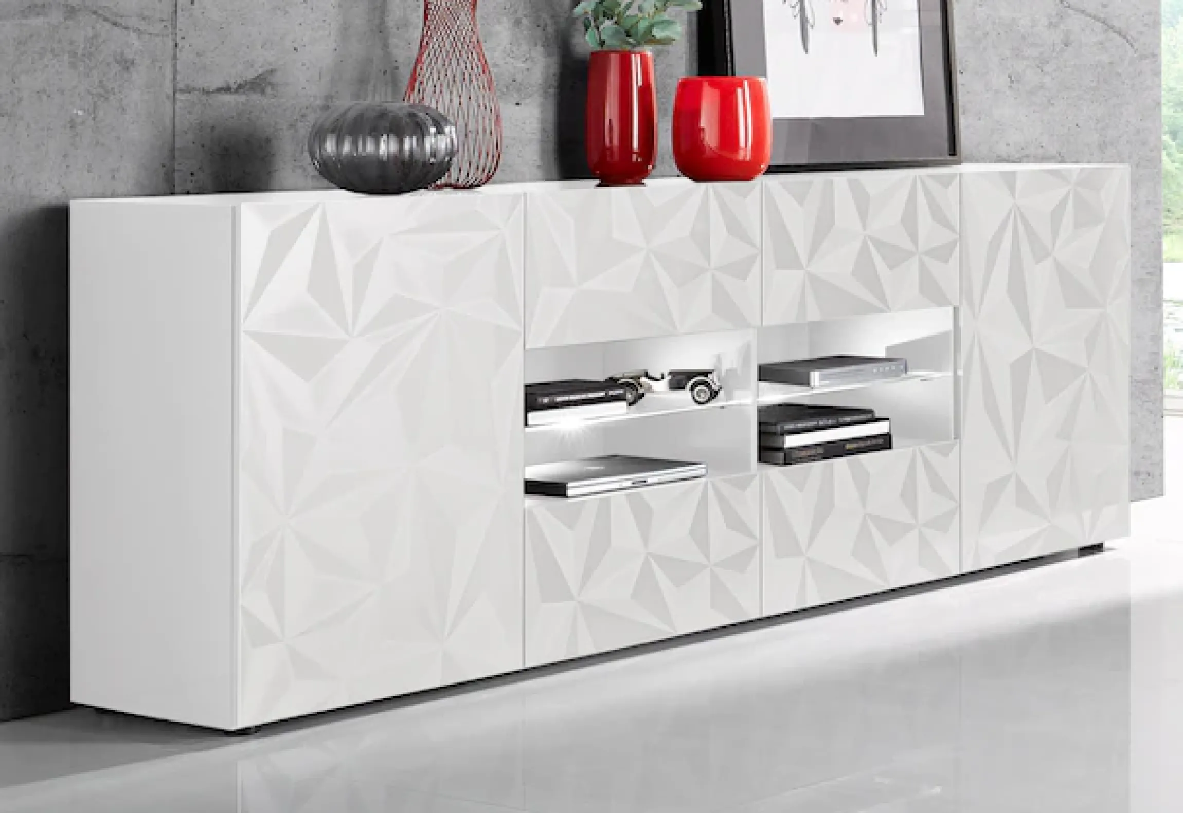 Home affaire Sideboard »Prisma Breite 241, Kommode 2 Türen, 4 Schubkästen, Anrichte« Front mit elegantem Siebdruck, grifflos, viel Stauraum