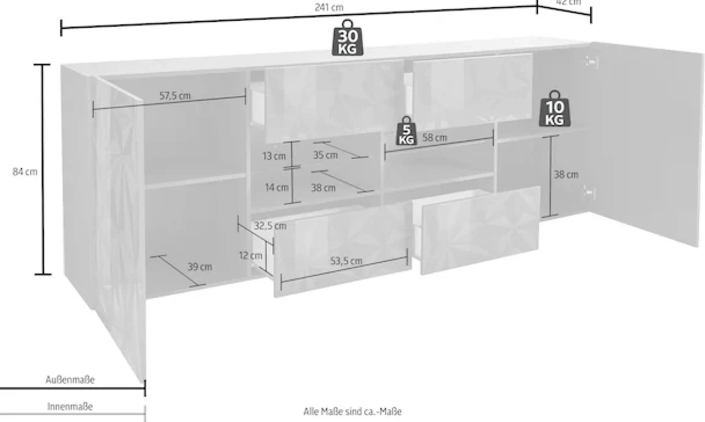 Home affaire Sideboard »Prisma Breite 241, Kommode 2 Türen, 4 Schubkästen, Anrichte« Front mit elegantem Siebdruck, grifflos, viel Stauraum