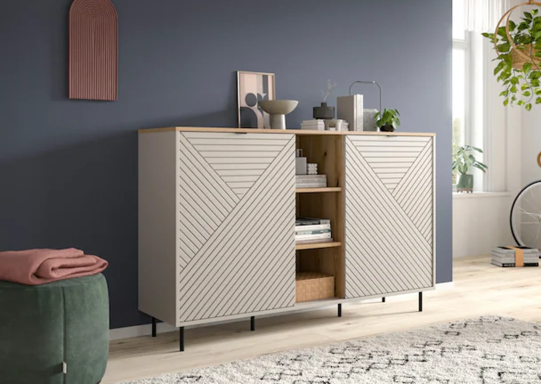 Home affaire Sideboard »RAITA, Breite 154 cm, Front mit Desgin-Fräsung, 2 Türen, viel Stauraum« moderne Farbkombi, individuell einsetzbar, Griffe & Füße aus Metall,Kommode, Anrichte, Schrank, Highboard, TV-Board