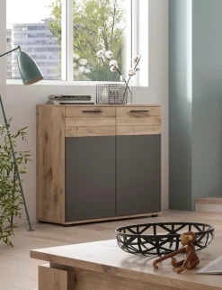 Home affaire Sideboard »Riga, Breite 90 cm, 2 Türen mit Softclose, 4 Einlegeböden, 6 Fächer« hochwertige Rillenfräsung, Schuhkommode, Kommode, Anrichte, Schrank