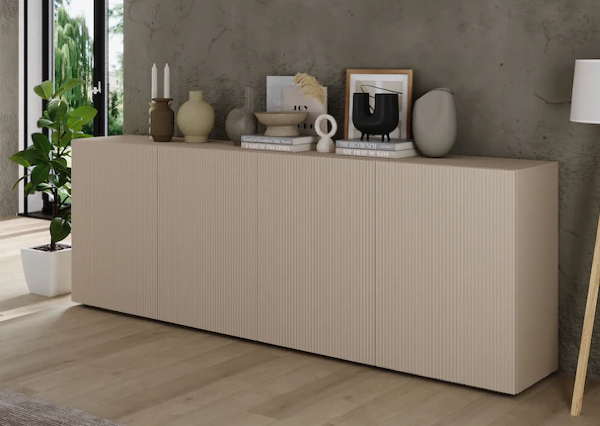 Home affaire Sideboard »Rio Breite 240 cm, Kommode mit 4 Türen, Anrichte,« geriffelte MDF-Fronten, modern u. elegant, viel Stauraum