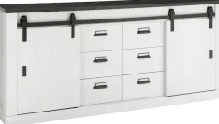 Home affaire Sideboard »Sherwood, Kommode im Industrial-Style, Schrank, Stauraumelement« mit Scheunentorbeschlag & Apothekergriffen, in 2 Farben erhältlich