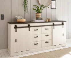 Home affaire Sideboard »Sherwood, Kommode im Industrial-Style, Schrank, Stauraumelement« mit Scheunentorbeschlag & Apothekergriffen, in 2 Farben erhältlich
