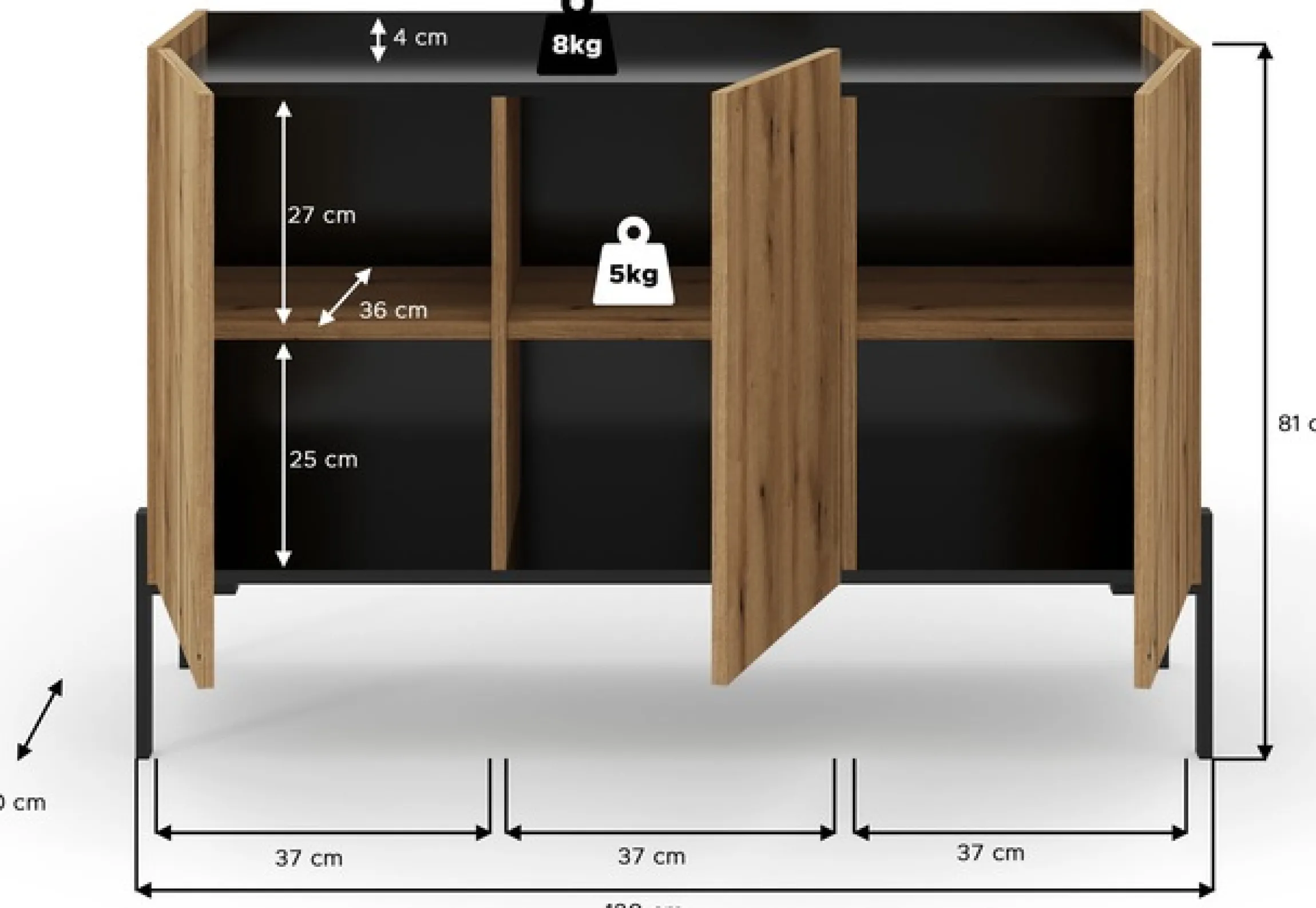Home affaire Sideboard »SNETT, Breite: 122cm, mit Metall-Stabfüßen, 3 Türen, 3 Einlegeböden« Anrichte, Kommode, Schrank, Board, Higboard