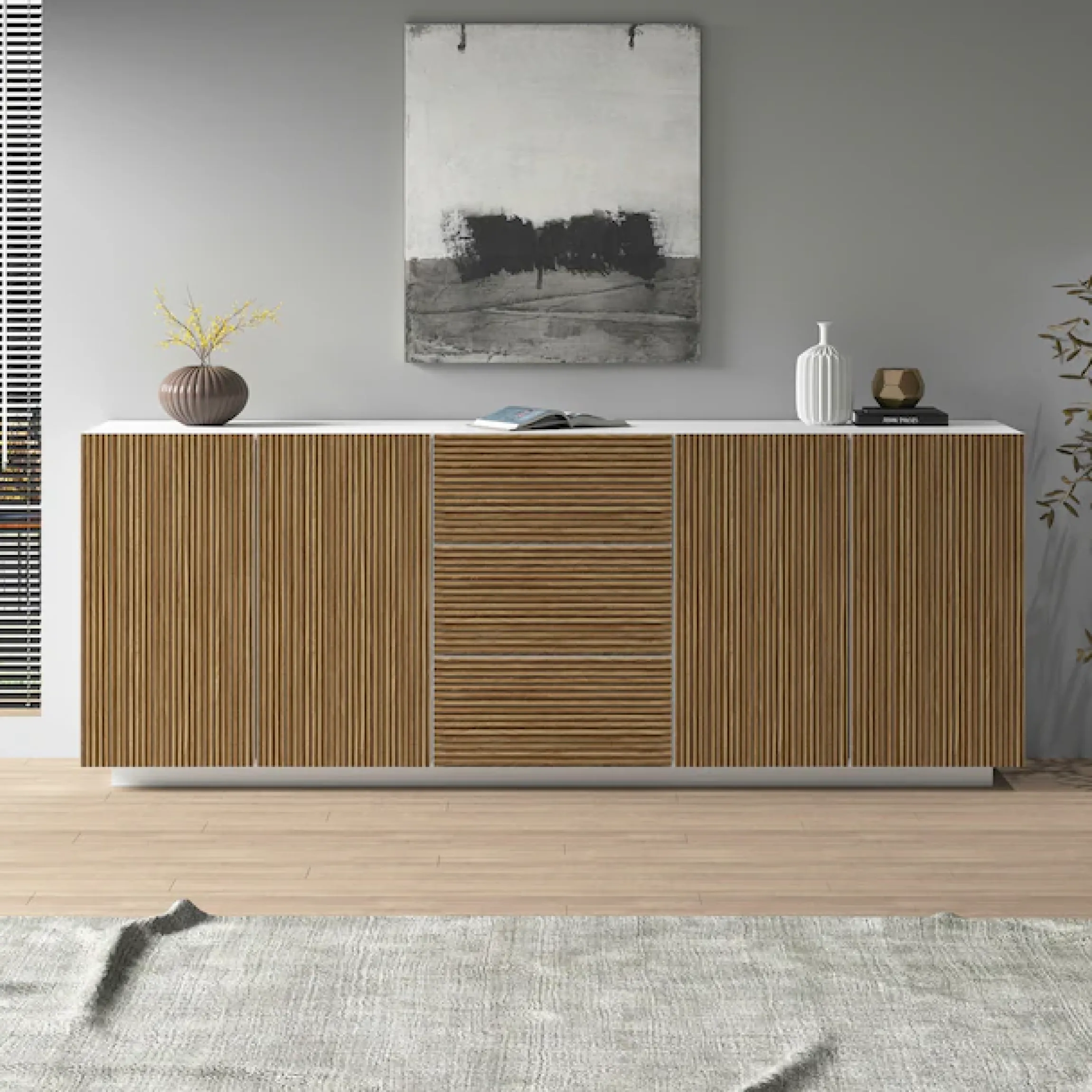Home affaire Sideboard »Vega Sideboard,Kommode,220 cm« mit 4 Türen und 3 Schubladen,Fronten mit Rillen-Optik