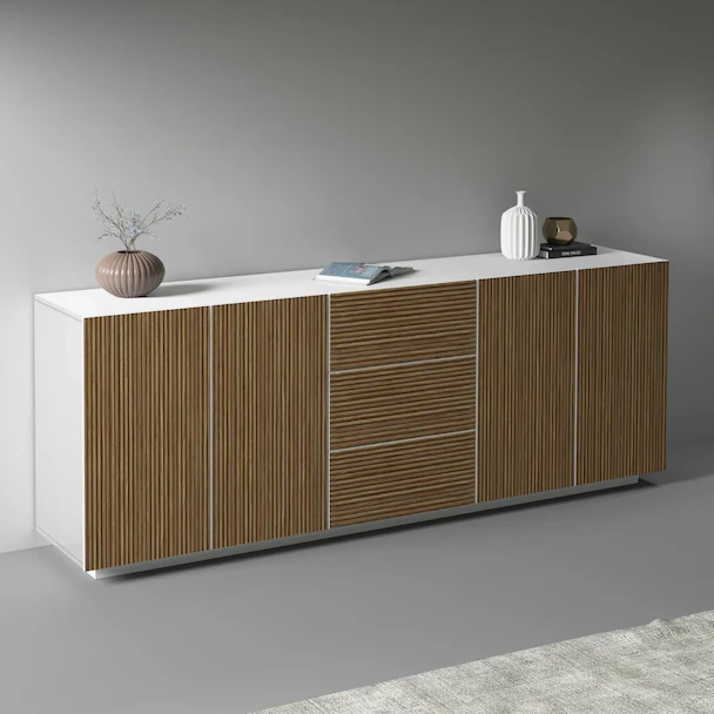 Home affaire Sideboard »Vega Sideboard,Kommode,220 cm« mit 4 Türen und 3 Schubladen,Fronten mit Rillen-Optik