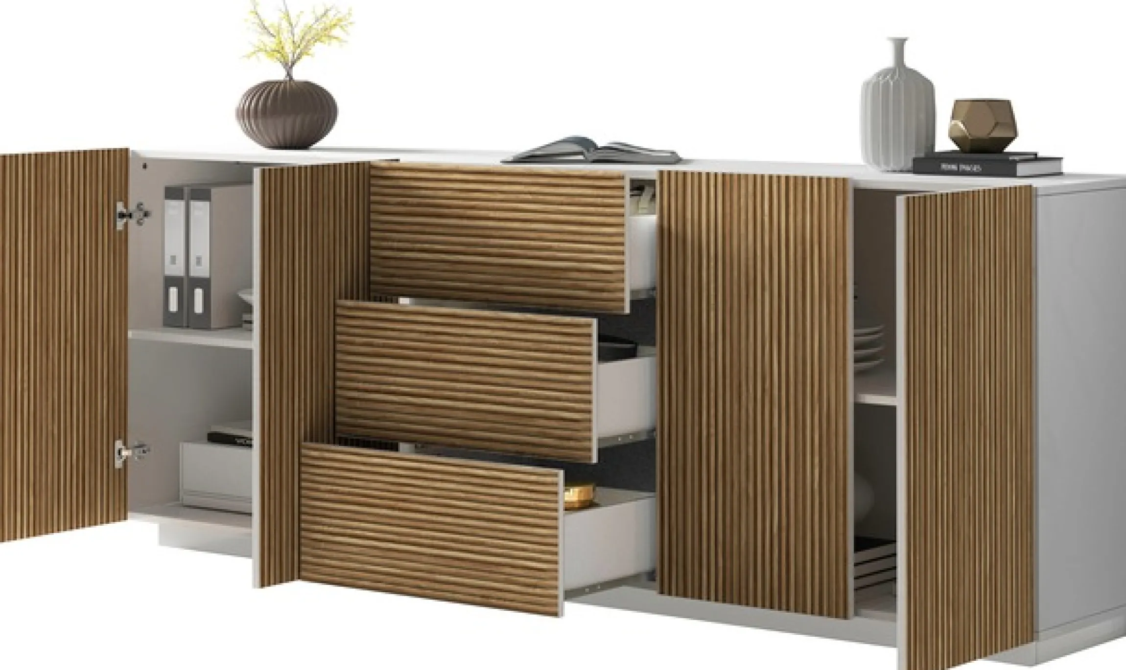 Home affaire Sideboard »Vega Sideboard,Kommode,220 cm« mit 4 Türen und 3 Schubladen,Fronten mit Rillen-Optik
