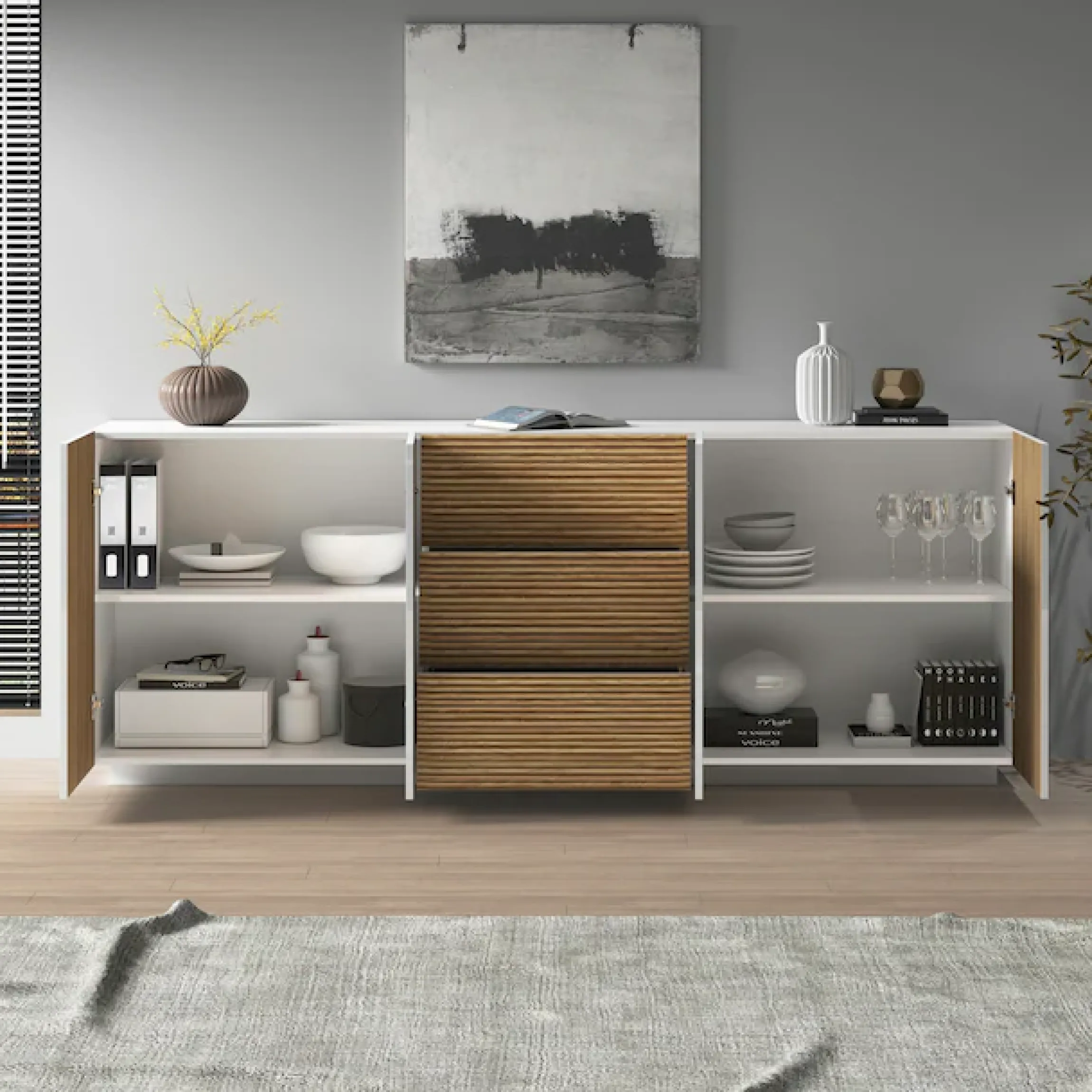 Home affaire Sideboard »Vega Sideboard,Kommode,220 cm« mit 4 Türen und 3 Schubladen,Fronten mit Rillen-Optik