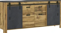 Home affaire Sideboard »York, moderner Schrank, Kommode in Hunton Oak Dekor, Industrialdesign« mit Scheunentorbeschlägen & Apothekergriffen aus Metall, 201 cm breit