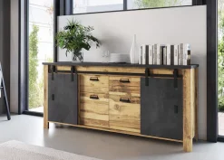 Home affaire Sideboard »York, moderner Schrank, Kommode in Hunton Oak Dekor, Industrialdesign« mit Scheunentorbeschlägen & Apothekergriffen aus Metall, 201 cm breit
