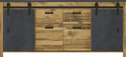 Home affaire Sideboard »York, moderner Schrank, Kommode in Hunton Oak Dekor, Industrialdesign« mit Scheunentorbeschlägen & Apothekergriffen aus Metall, 201 cm breit