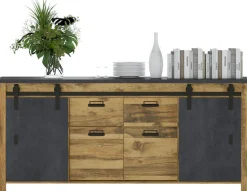 Home affaire Sideboard »York, moderner Schrank, Kommode in Hunton Oak Dekor, Industrialdesign« mit Scheunentorbeschlägen & Apothekergriffen aus Metall, 201 cm breit