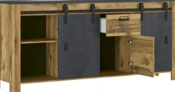 Home affaire Sideboard »York, moderner Schrank, Kommode in Hunton Oak Dekor, Industrialdesign« mit Scheunentorbeschlägen & Apothekergriffen aus Metall, 201 cm breit