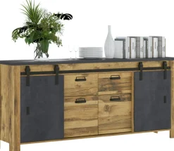 Home affaire Sideboard »York, moderner Schrank, Kommode in Hunton Oak Dekor, Industrialdesign« mit Scheunentorbeschlägen & Apothekergriffen aus Metall, 201 cm breit