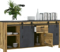 Home affaire Sideboard »York, moderner Schrank, Kommode in Hunton Oak Dekor, Industrialdesign« mit Scheunentorbeschlägen & Apothekergriffen aus Metall, 201 cm breit