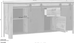Home affaire Sideboard »York, moderner Schrank, Kommode in Hunton Oak Dekor, Industrialdesign« mit Scheunentorbeschlägen & Apothekergriffen aus Metall, 201 cm breit