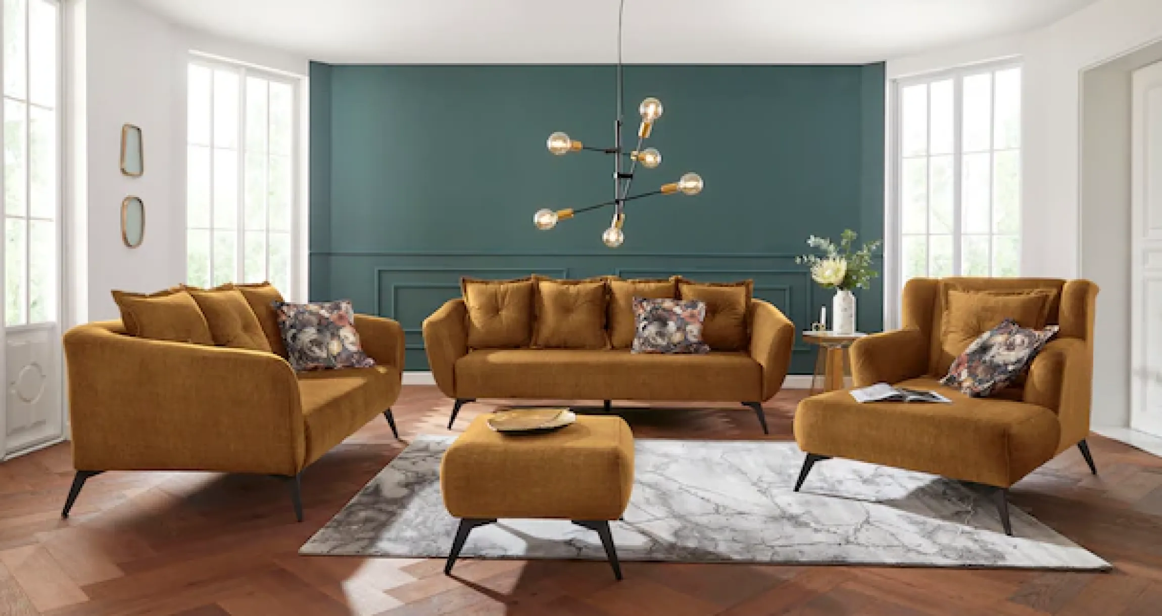 Home affaire 2,5-Sitzer »Baggio, Breite 196 cm, modern romantisches Design« Zierkissen inklusive, Komfortsitzhöhe 45 cm, schwarze Metallfüße