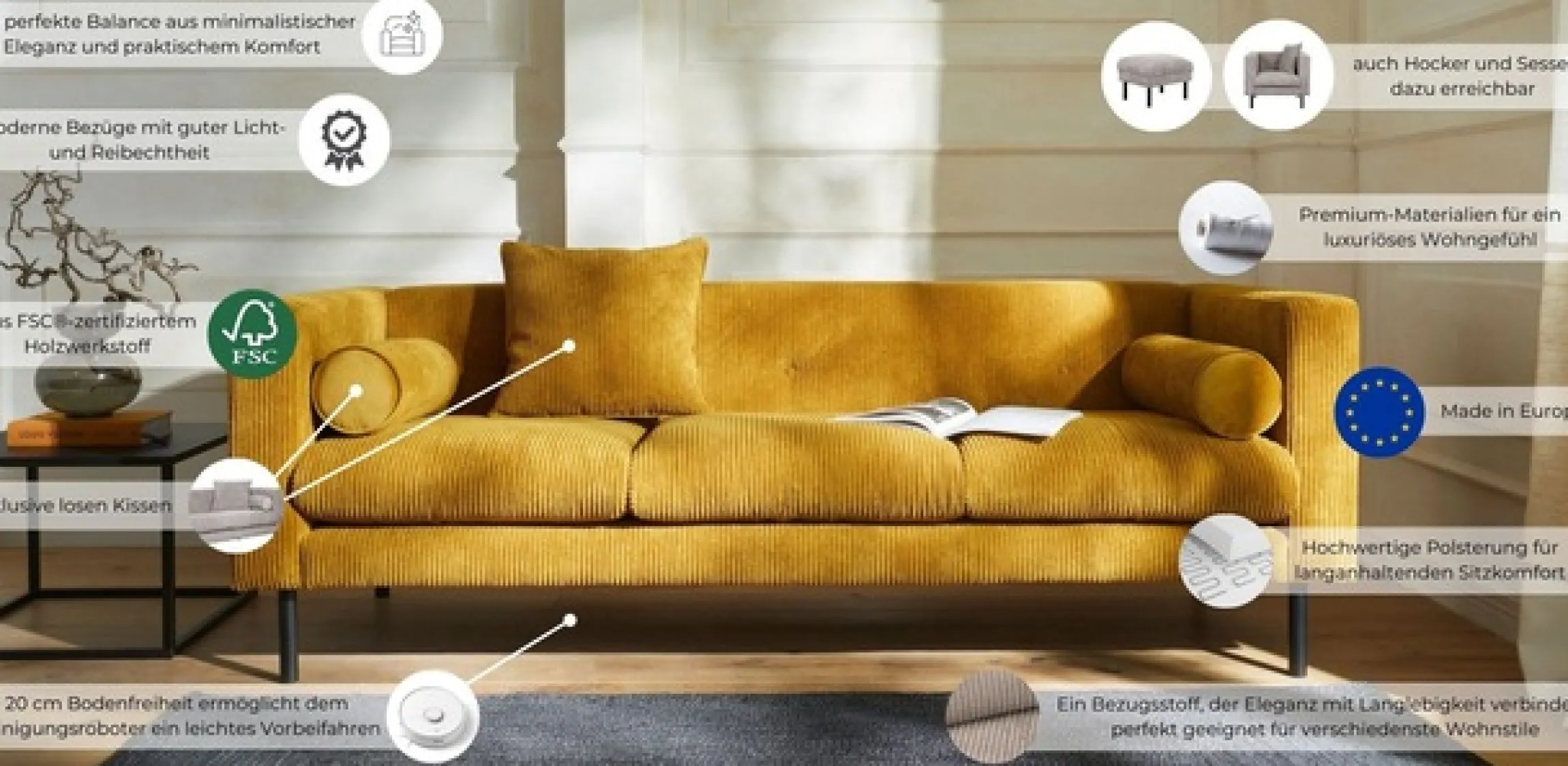 Home affaire 3-Sitzer »Lillibeth Designsofa mit Wellenunterfederung, Maße B/T/H: 218/74/83 cm« Zierkissen als Wendekissen, Bezug Samtoptik oder Cord