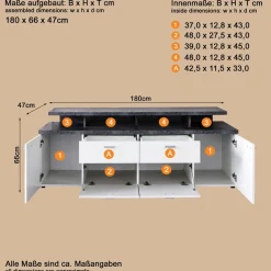 Home affaire TV-Board »Messina« 1 Stk. tlg. TV-Lowboard mit Türen, Schubladen & Fächern - (B/T/H) 180/47/66 cm
