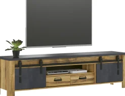 Home affaire TV-Schrank »York, moderner Unterschrank, Kommode im Industrialdesign« mit Apothekergriffen & Scheunentorbeschlägen aus Metall, 201 cm breit