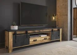 Home affaire TV-Schrank »York, moderner Unterschrank, Kommode im Industrialdesign« mit Apothekergriffen & Scheunentorbeschlägen aus Metall, 201 cm breit