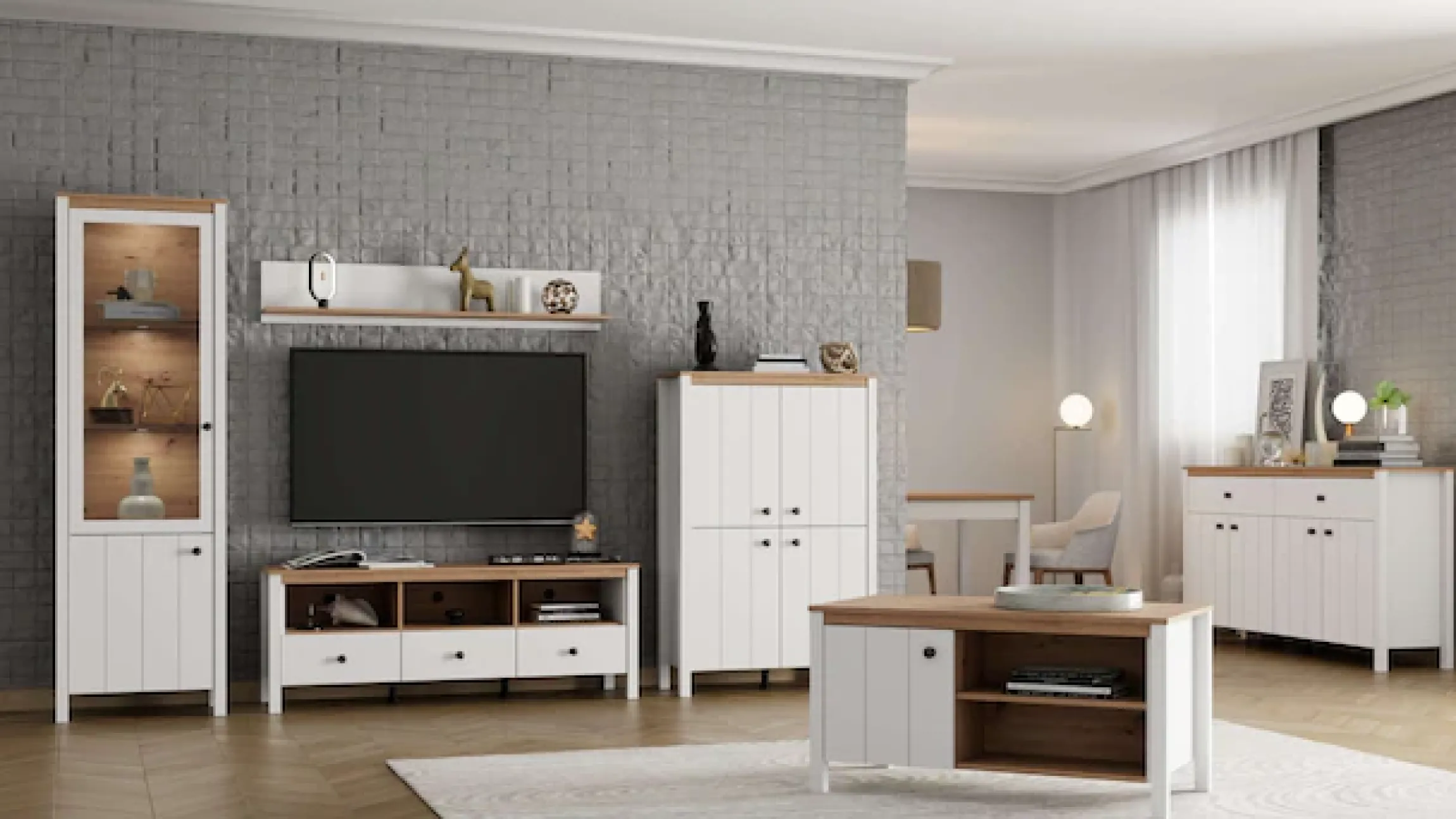 Home affaire Vitrine »BEDFORD Vitrinenschrank, Glasschrank, Standvitrine, Highboard« MDF-Profil 2D ummantelt, Hotstamping, 1mm ABS-Kanten, 4 Einlegeböden