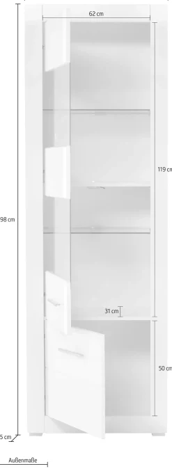 Home affaire Vitrine »Bianco, moderne Standvitrine, Vitrinenschrank, Glasvitrine« silberne Metallgriffe, ausreichend Stauraum, zeitlos, 198 cm hoch