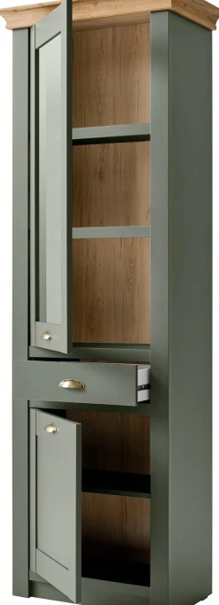 Home affaire Vitrine »Cambridge, Hochschrank im Landhausstil, Glasvitrine« schöne Kranzoptik, messingfarbene Metallgriffe, 207 cm hoch