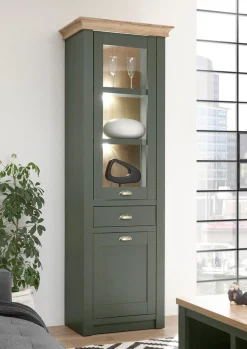 Home affaire Vitrine »Cambridge, Hochschrank im Landhausstil, Glasvitrine« schöne Kranzoptik, messingfarbene Metallgriffe, 207 cm hoch