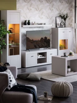 Home affaire Vitrine »Essex Vitrinenschrank, Glasschrank, Standvitrine, Highboard/Sideboard« Präzise Heißfolienprägung, Metallgriff, Eleganter Glasboden
