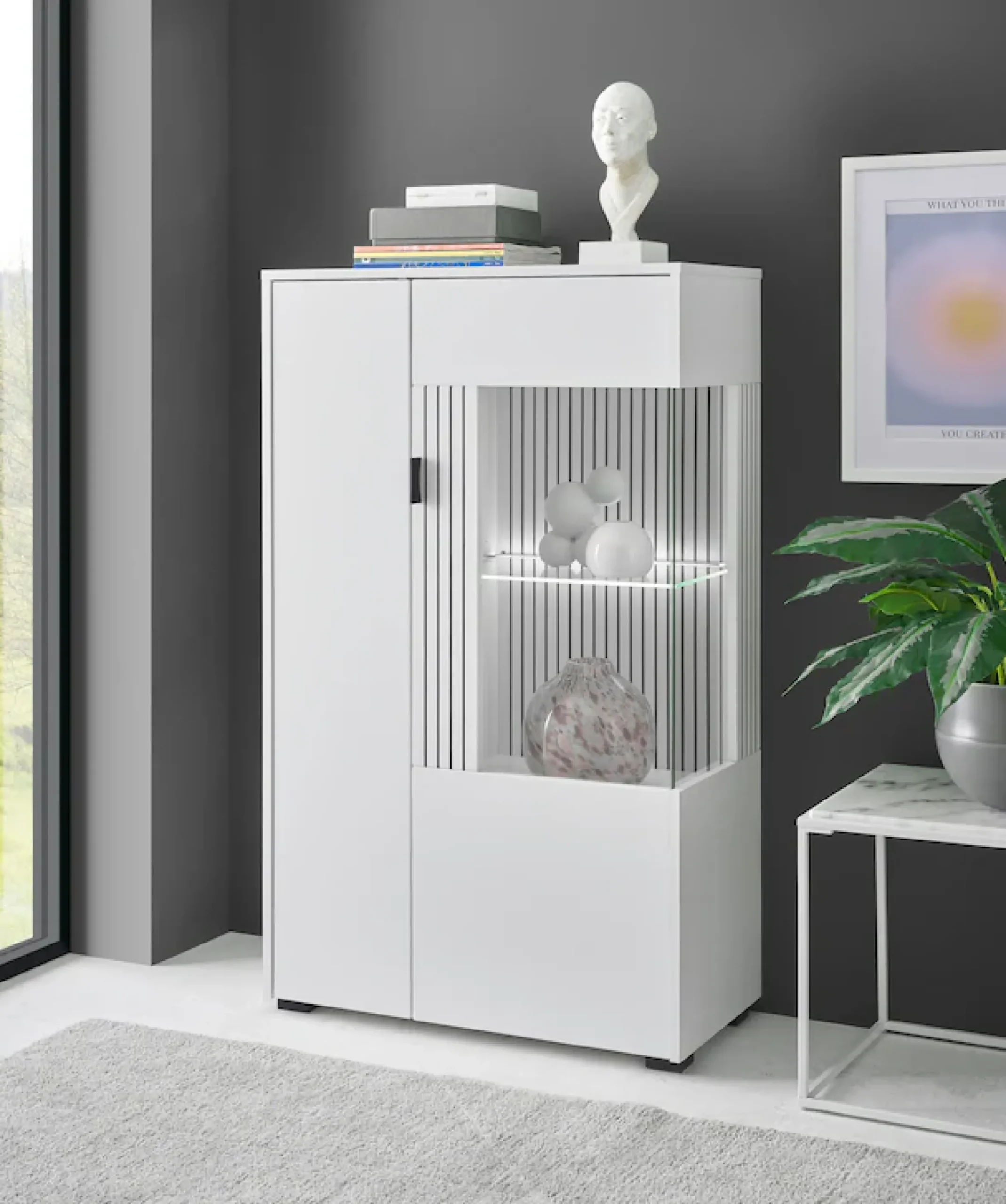 Home affaire Vitrine »Hudson, Stauraumvitrine, Standvitrine« in moderner Trendfarbe, Griffe aus Metall (Schwarz), Höhe 125 cm