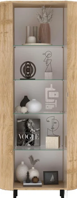 Home affaire Vitrine »Murano, Standvitrine H 200 cm, B 80 cm, 1 Tür, Vitrinenschrank« Formgebogenes MDF, Stirnseiten mit Rundung, Metallfüße, stilvoll