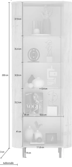 Home affaire Vitrine »Murano, Standvitrine H 200 cm, B 80 cm, 1 Tür, Vitrinenschrank« Formgebogenes MDF, Stirnseiten mit Rundung, Metallfüße, stilvoll