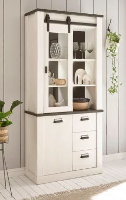 Home affaire Vitrine »Sherwood, Hochschrank im Industrial-Style, moderne Glasvitrine« Scheunentorbeschlag und Apothekergriffe aus Metall, Höhe 201 cm