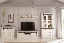 Home affaire Vitrine »Sherwood, Hochschrank im Industrial-Style, moderne Glasvitrine« Scheunentorbeschlag und Apothekergriffe aus Metall, Höhe 201 cm