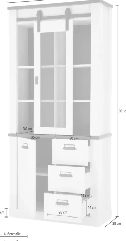 Home affaire Vitrine »Sherwood, Hochschrank im Industrial-Style, moderne Glasvitrine« Scheunentorbeschlag und Apothekergriffe aus Metall, Höhe 201 cm