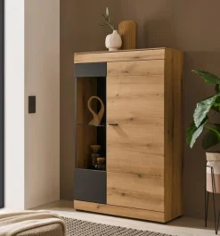 Home affaire Vitrine »Soleto, Vitrinenschrank in Evoke Eiche, moderne Glasvitrine« ausreichend Stauraum, schwarze Griffe aus Metall, zeitlos