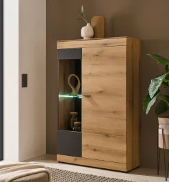 Home affaire Vitrine »Soleto, Vitrinenschrank in Evoke Eiche, moderne Glasvitrine« ausreichend Stauraum, schwarze Griffe aus Metall, zeitlos