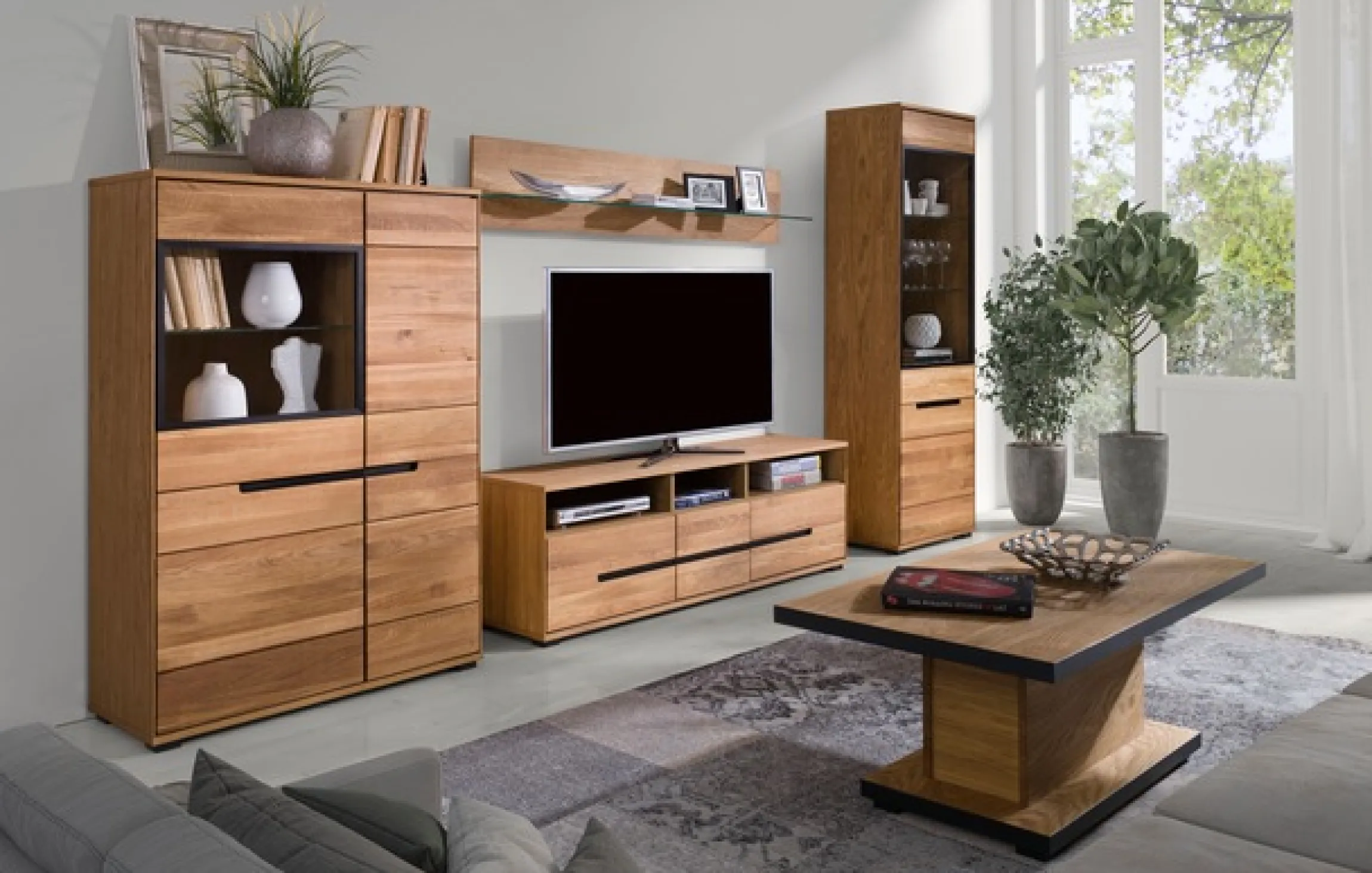 Home affaire Vitrine »Vitrine B/T/H: 62,5/40,5/196,5 cm« Aluglasturen in schwarz, Eiche teilmassiv