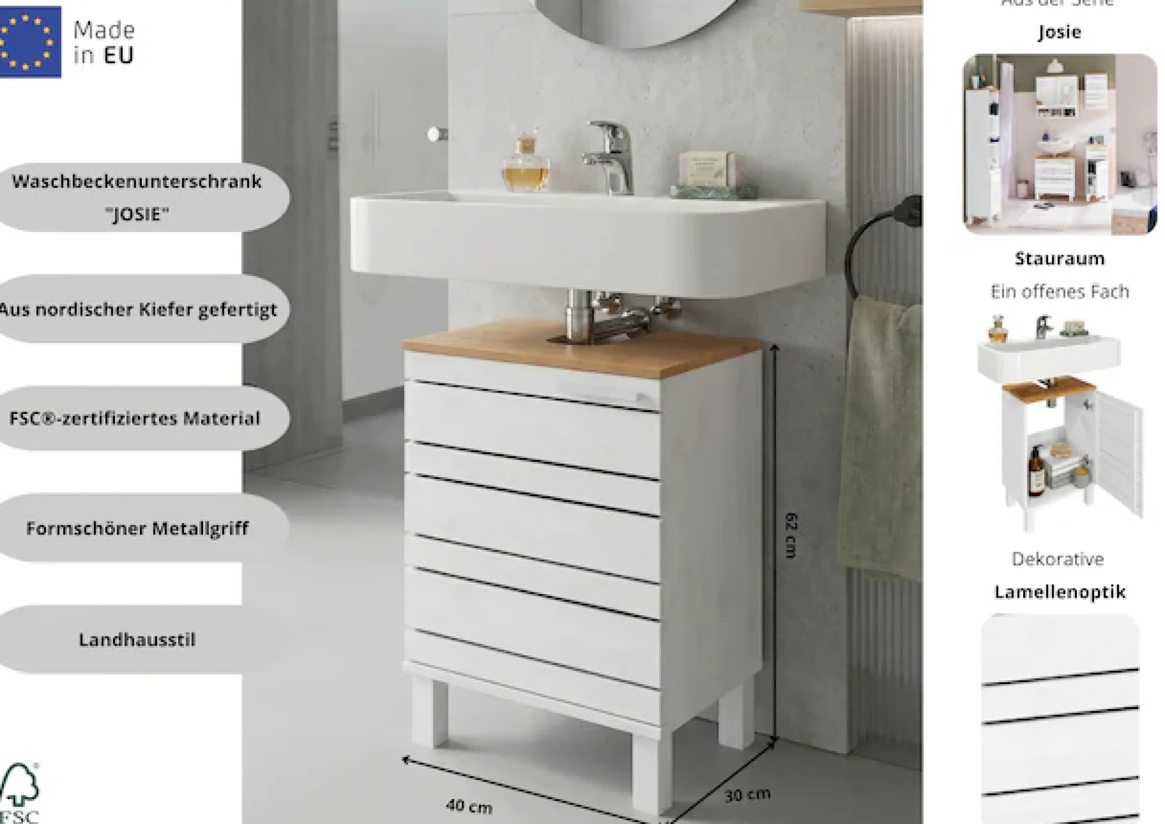 Home affaire Waschbeckenunterschrank »JOSIE« Breite 40 cm, aus Massivholz, Metallgriff, 1 Tür