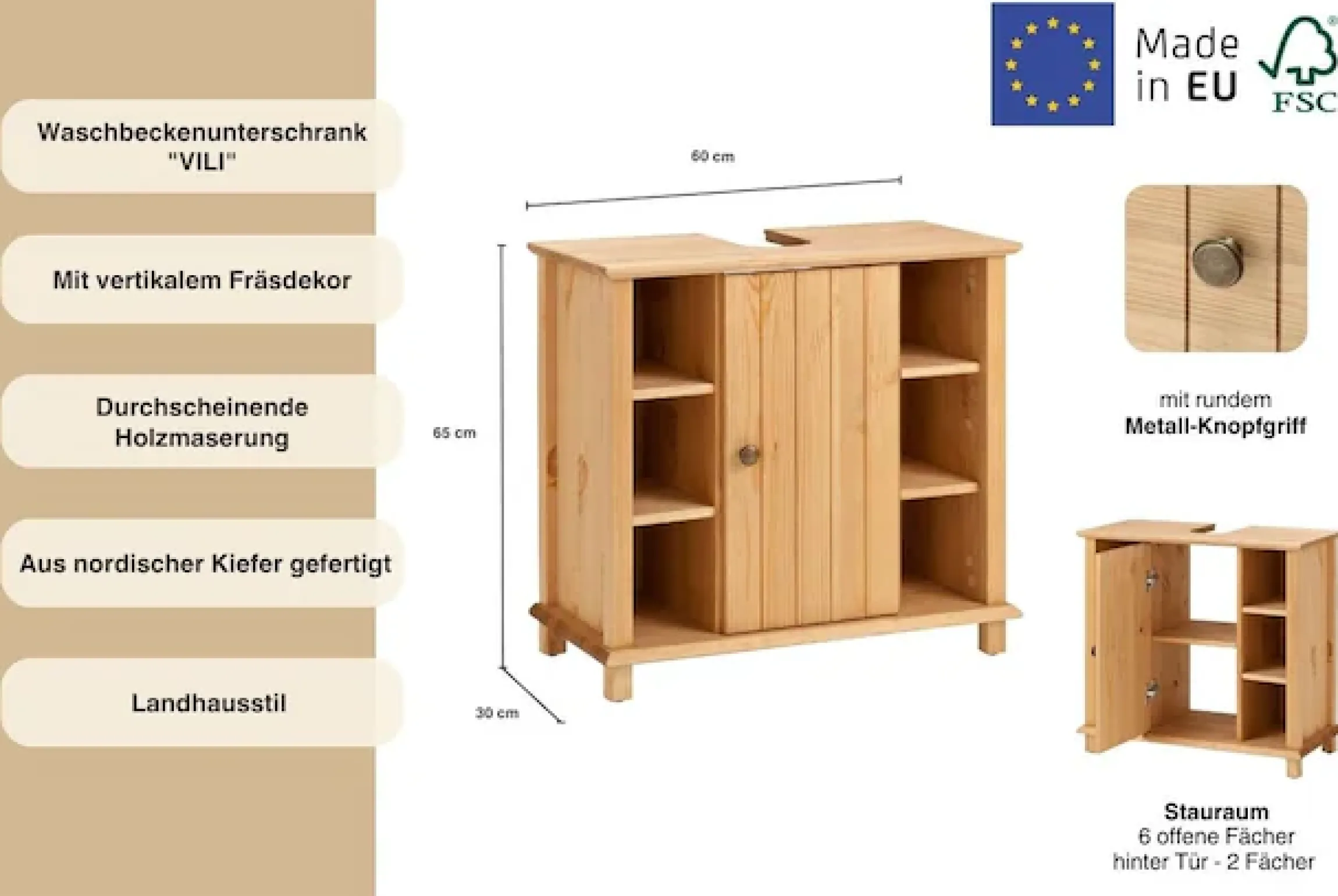 Home affaire Waschbeckenunterschrank »Vili« Badezimmerschrank im Landhaus-Look, mit 6 Fächern, aus Massivholz