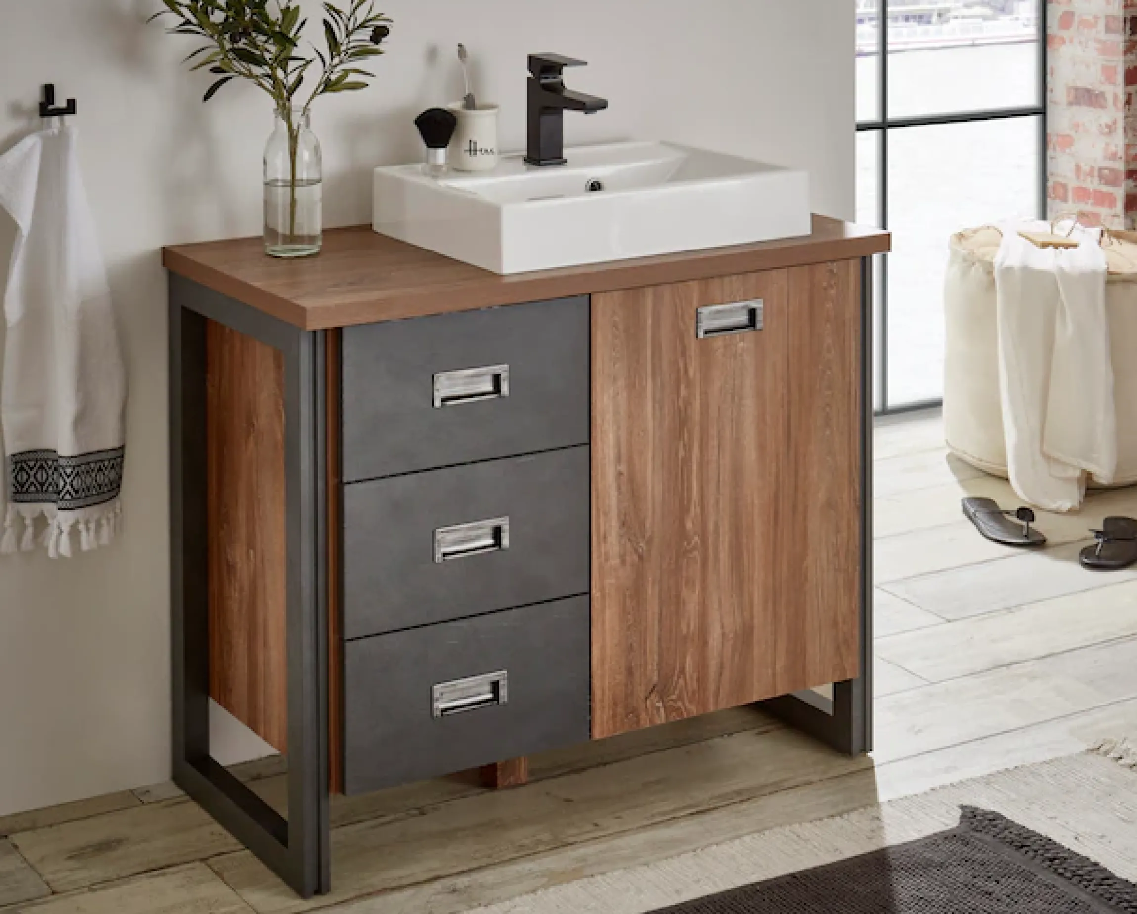 Home affaire Waschtisch »Detroit, Unterschrank mit Apothekergriff, Badschrank, Industrialdesign« Eiche Dekor, mit Stauraum, inkl. Mineralguss-Waschbecken, Breite 91 cm