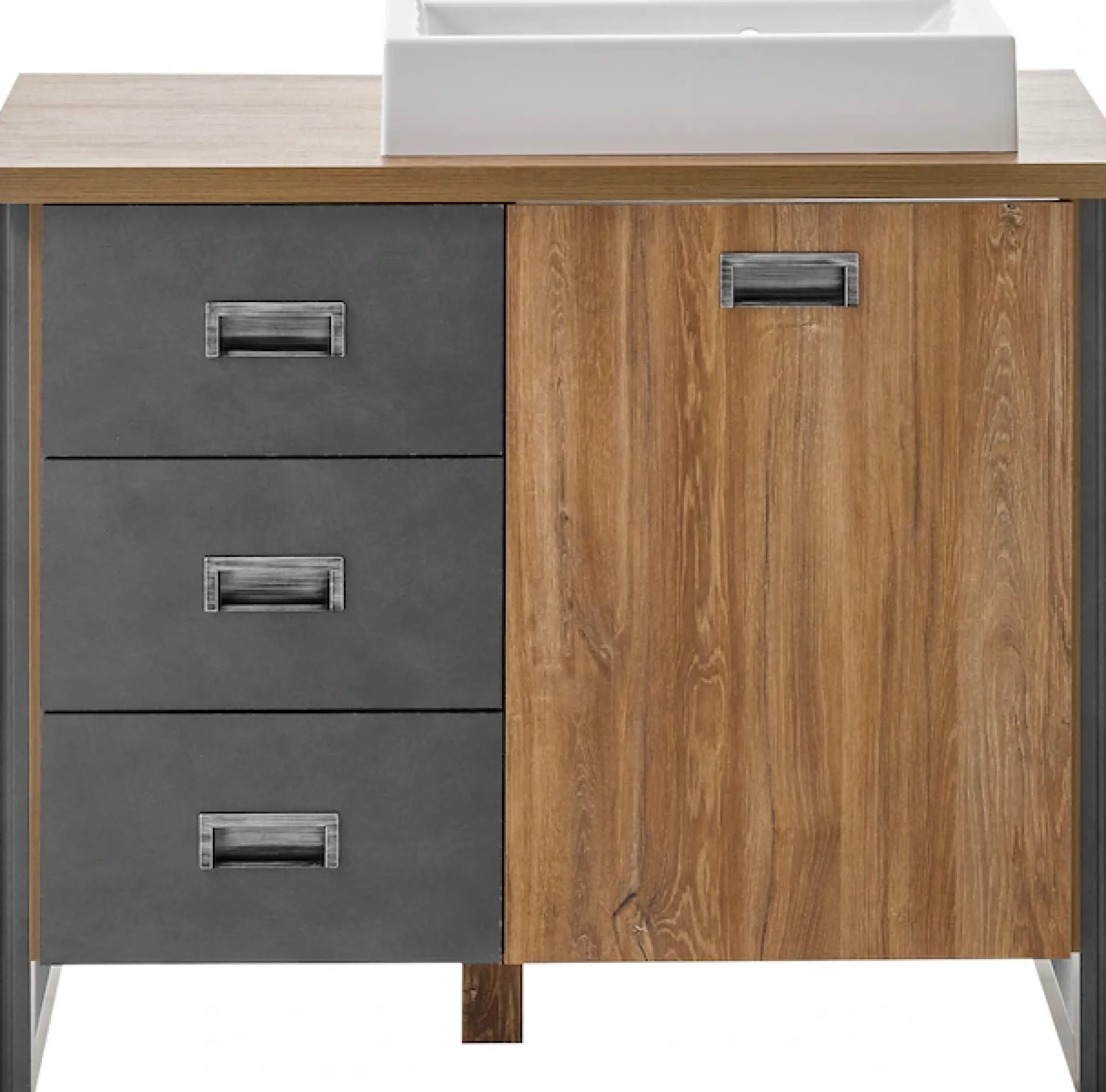 Home affaire Waschtisch »Detroit, Unterschrank mit Apothekergriff, Badschrank, Industrialdesign« Eiche Dekor, mit Stauraum, inkl. Mineralguss-Waschbecken, Breite 91 cm
